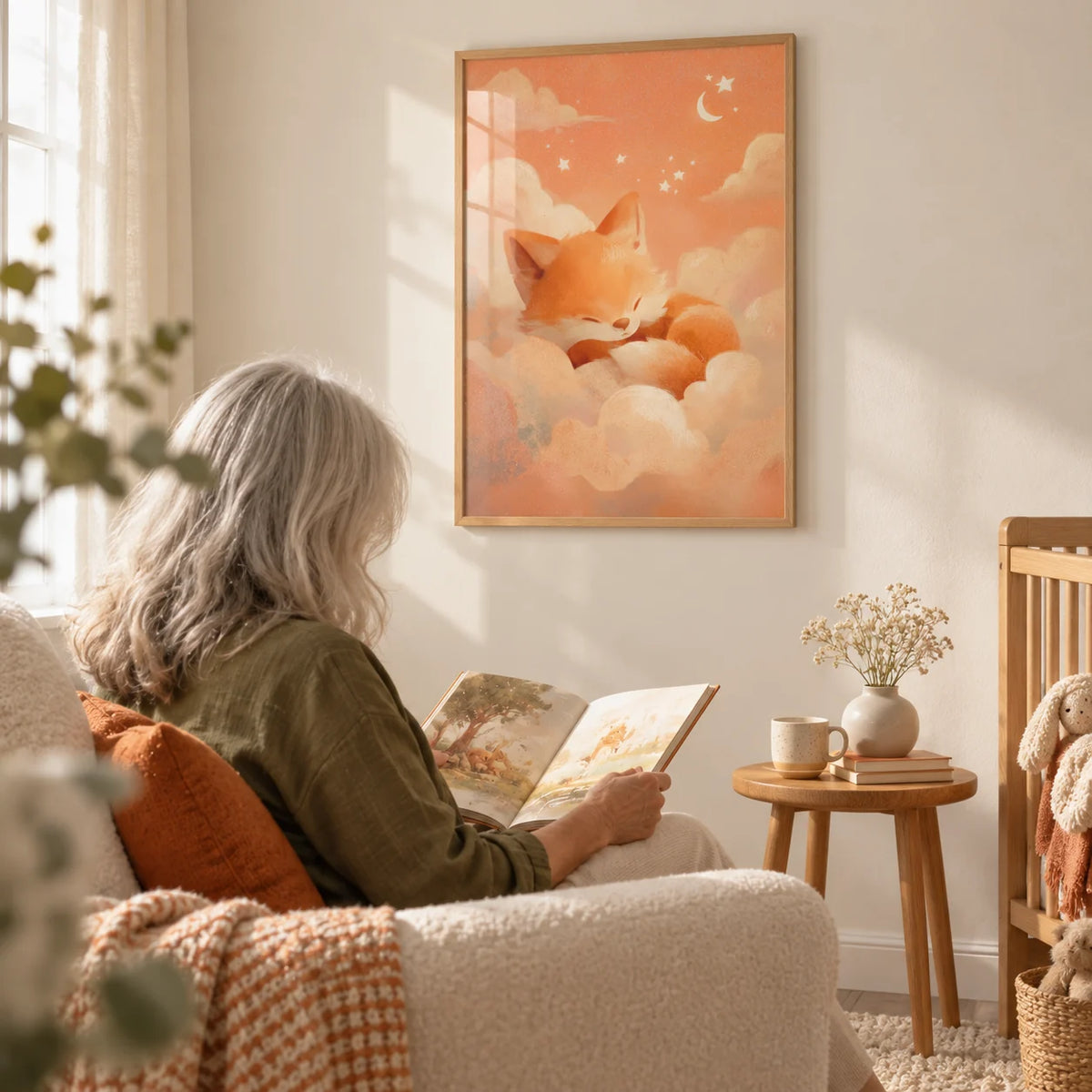Sleeping Fox Art Print, framed on the wall of a nursery feeding corner with a cream wall