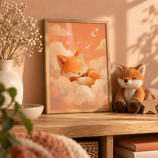 Sleeping Fox Art Print, a small A4 framed print leaning on an oak shelf in a living room