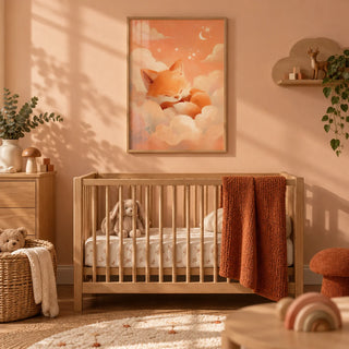 Sleeping Fox Art Print, framed on the wall of a warm woodland nursery with a soft peach wall
