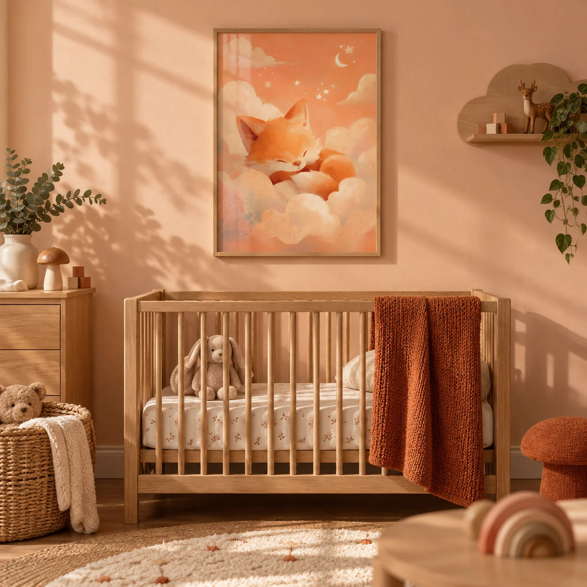 Sleeping Fox Art Print, framed on the wall of a warm woodland nursery with a soft peach wall