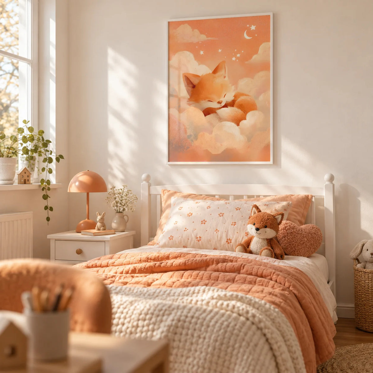 Sleeping Fox Art Print, framed on the wall of a young child's bedroom with a warm white wall