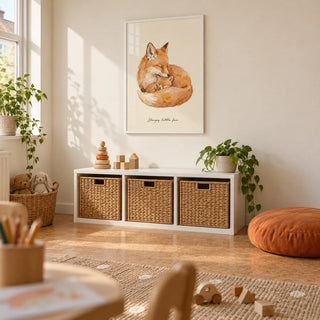 Sleepy Fox Art Print, framed on the wall of a bright family playroom in a UK semi-detached house with cream walls and a cork floor