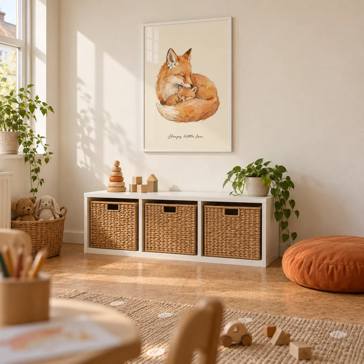 Sleepy Fox Art Print, framed on the wall of a bright family playroom in a UK semi-detached house with cream walls and a cork floor