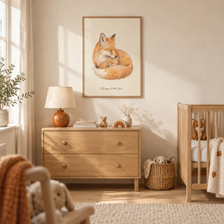 Sleepy Fox Art Print, framed on the wall of a calm Scandi nursery in a UK family home with warm ivory walls and pale oak floorboards
