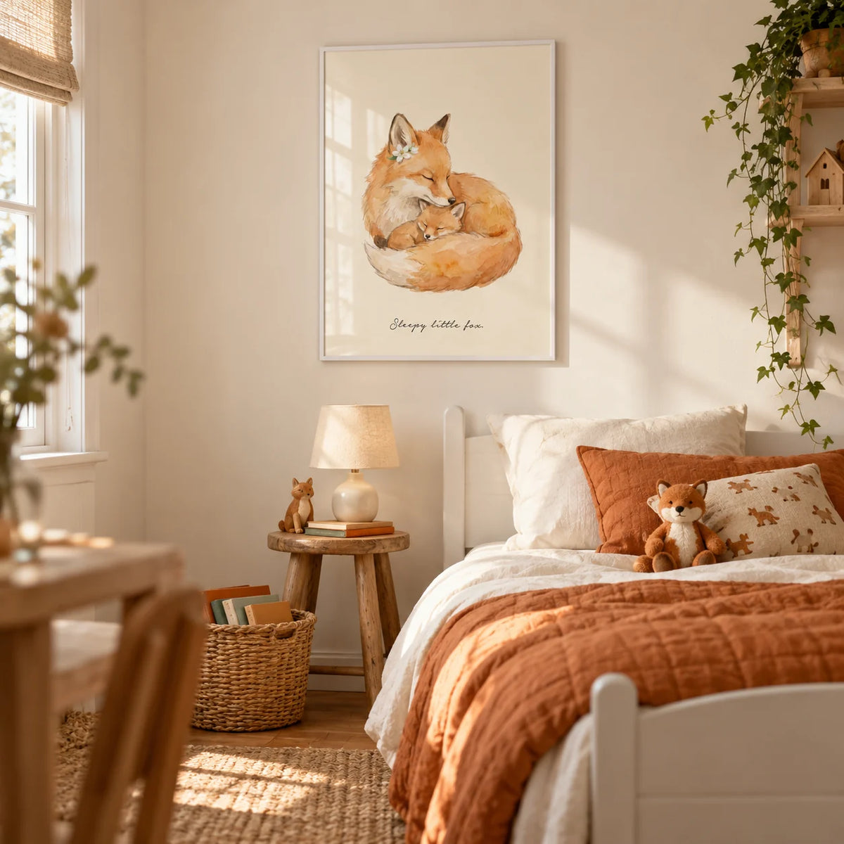 Sleepy Fox Art Print, framed on the wall of a cosy woodland-inspired child's single bedroom in a terraced family home with a pale cream wall