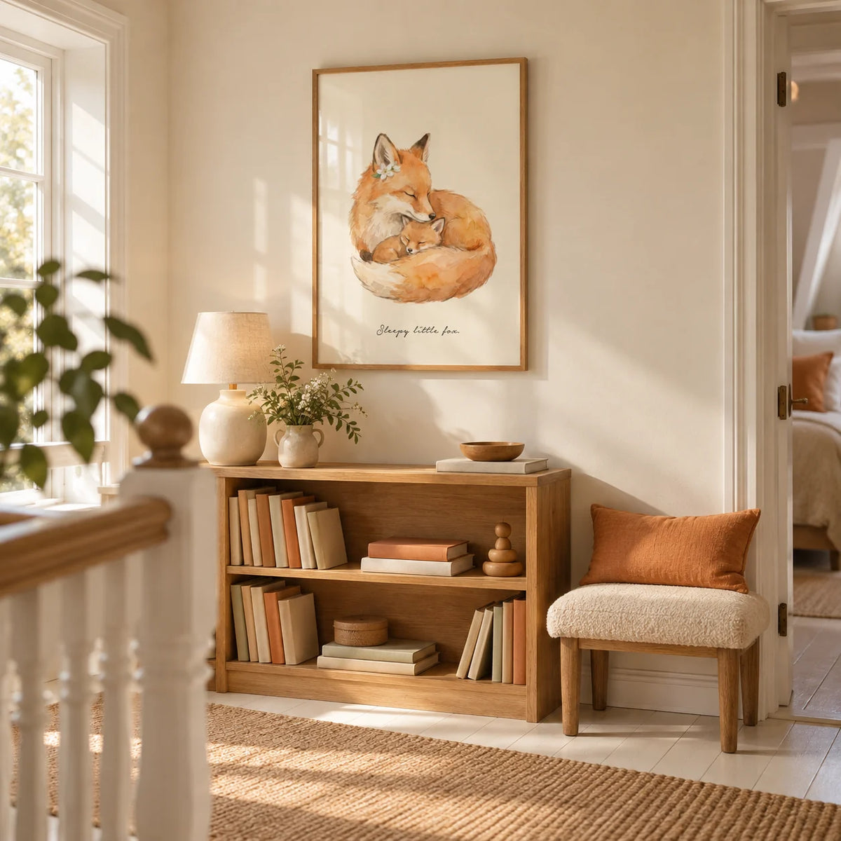 Sleepy Fox Art Print, framed on the wall of a gentle family reading area on a wide upstairs landing with warm ivory walls and painted floorboards in a living room