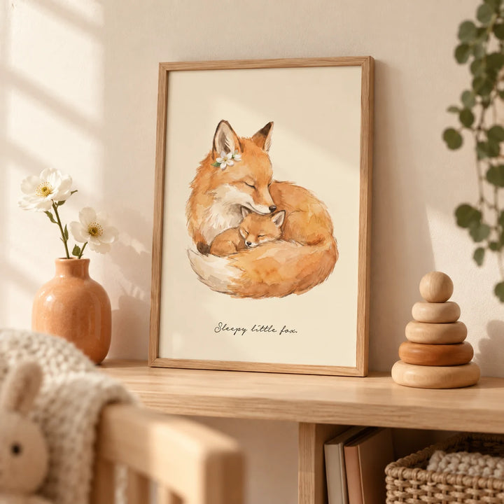 Sleepy Fox Art Print, a small A4 framed print leaning on a pale oak nursery shelf