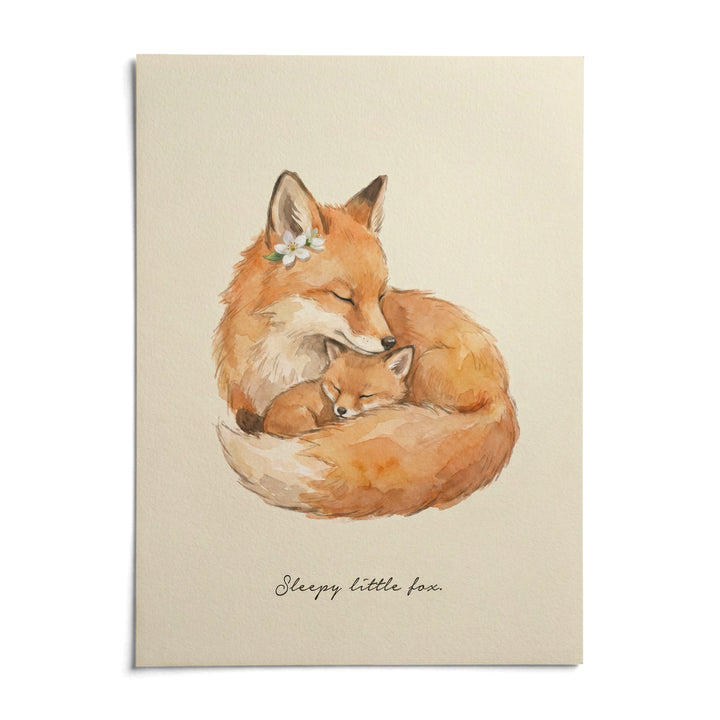 Sleepy Fox Art Print, shown as an unframed paper print on a plain white background