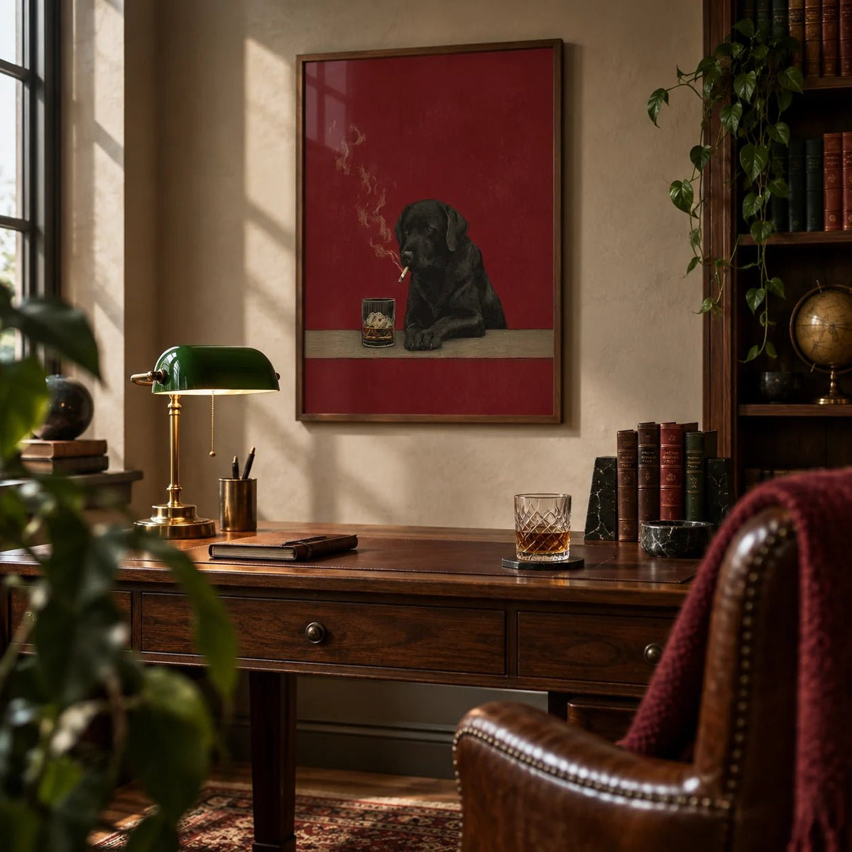 Smoking Dog Painting, framed on the wall of a characterful study