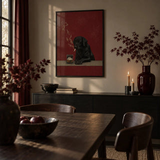 Smoking Dog Painting, framed on the wall of a moody dining room