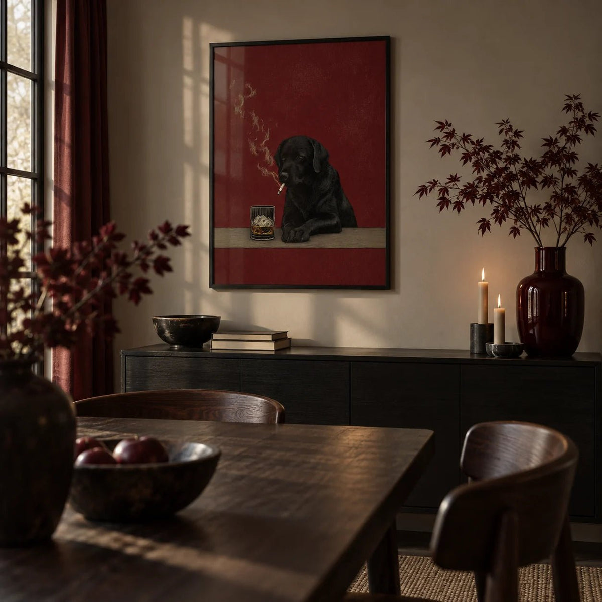 Smoking Dog Painting, framed on the wall of a moody dining room