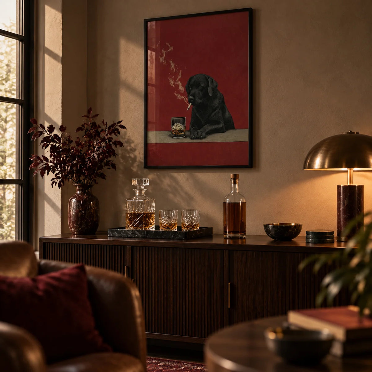 Smoking Dog Painting, framed on the wall of a moody home bar in a living room