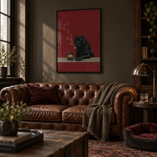 Smoking Dog Painting, framed on the wall of a moody man cave in a living room