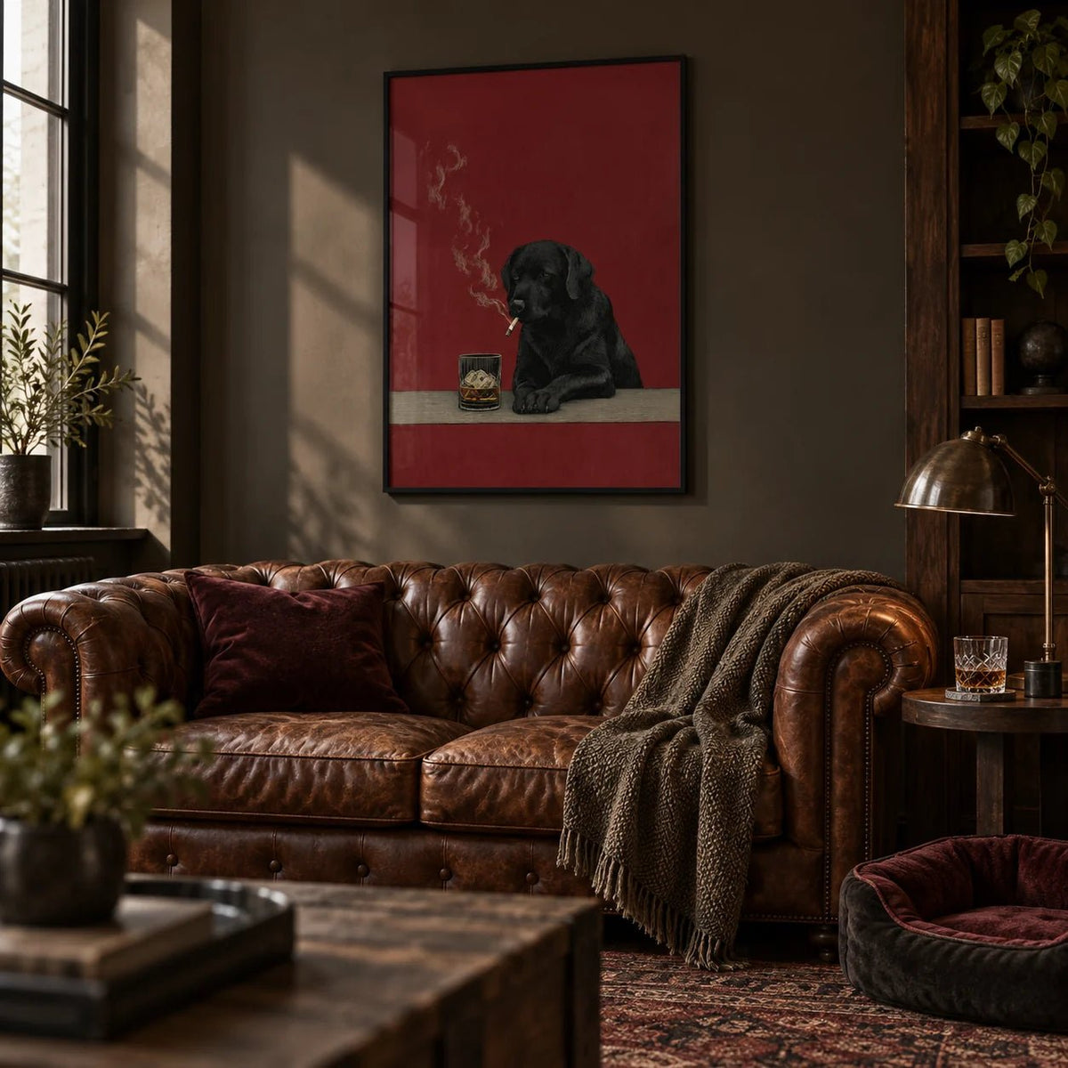 Smoking Dog Painting, framed on the wall of a moody man cave in a living room
