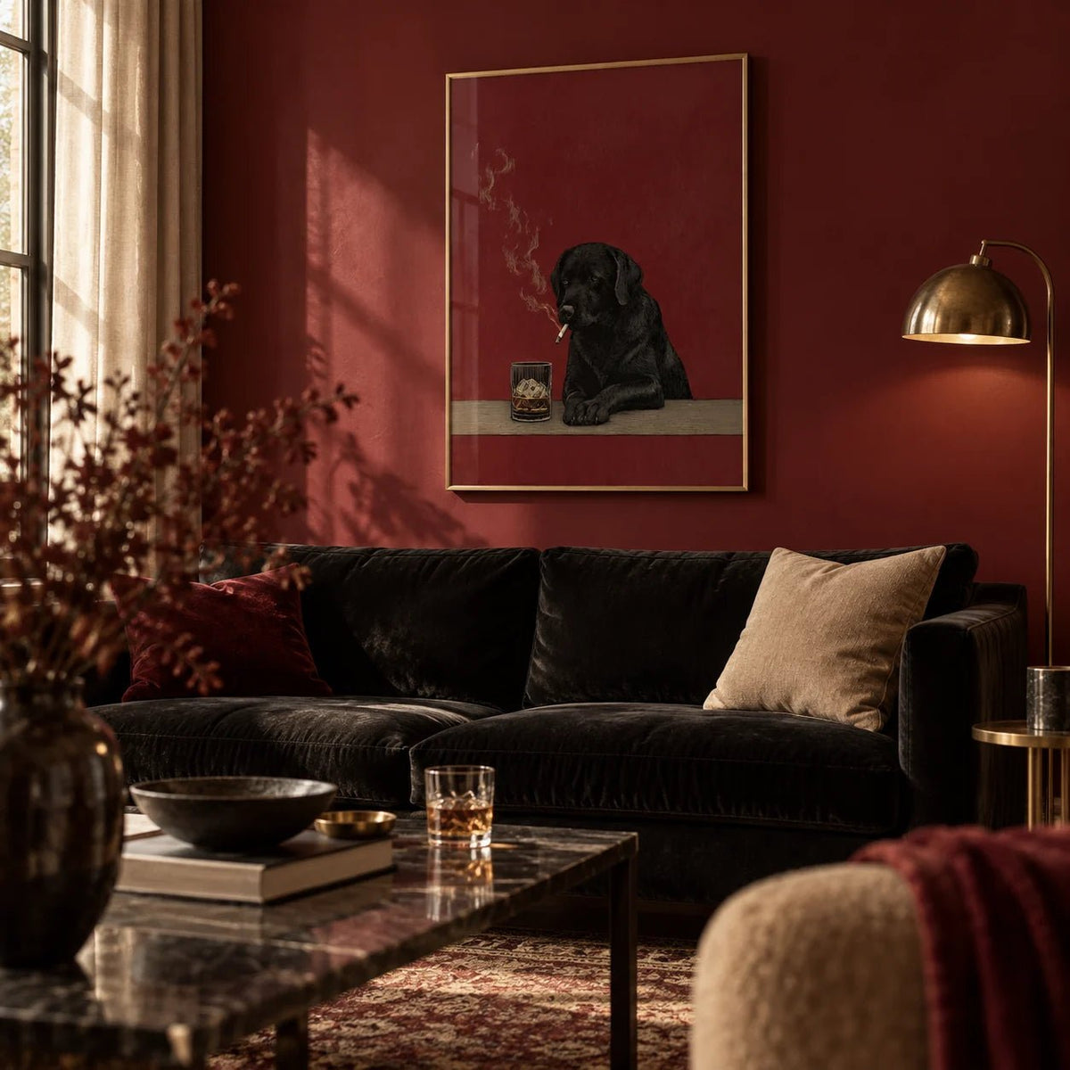 Smoking Dog Painting, framed on the wall of a rich living room with a burgundy accent wall