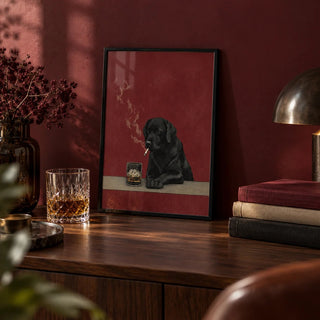 Smoking Dog Painting, a small A4 framed print leaning on a walnut shelf in a living room
