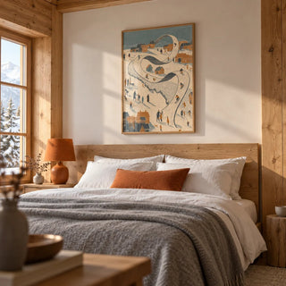 Snow Scene Wall Art, framed on the wall of a calm chalet-style bedroom with oak boarded walls