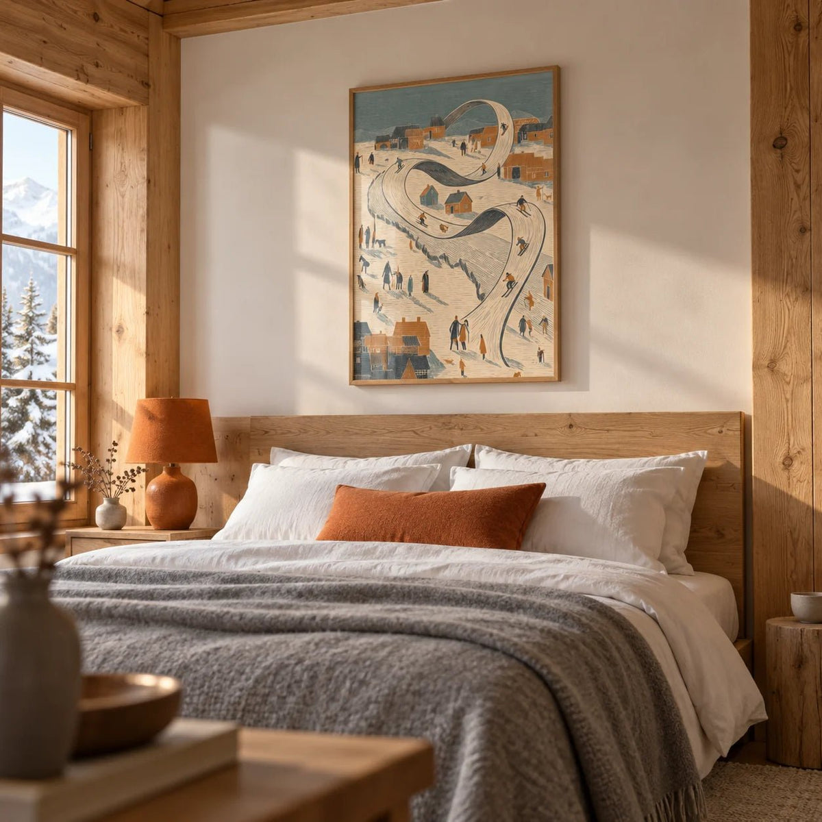 Snow Scene Wall Art, framed on the wall of a calm chalet-style bedroom with oak boarded walls