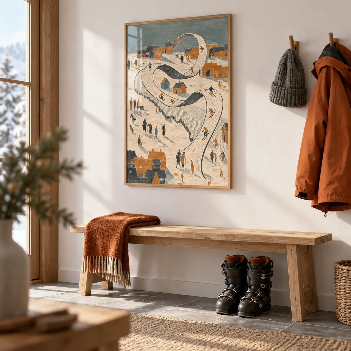 Snow Scene Wall Art, framed on the wall of a chalet boot room in a hallway