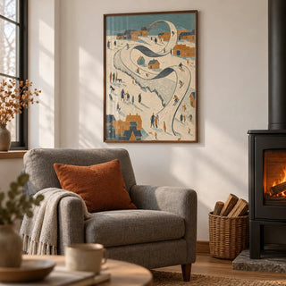 Snow Scene Wall Art, framed on the wall of a fireside reading corner in a living room