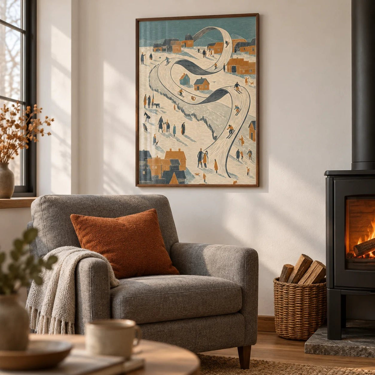 Snow Scene Wall Art, framed on the wall of a fireside reading corner in a living room