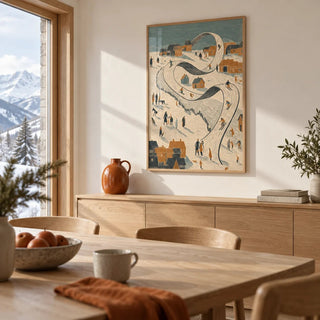 Snow Scene Wall Art, framed on the wall of a modern alpine dining room with a pale oak table