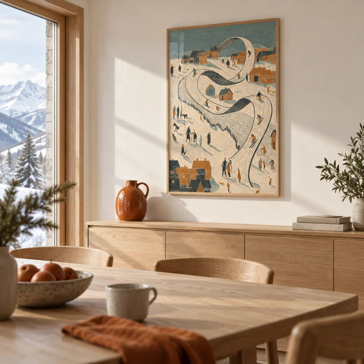 Snow Scene Wall Art, framed on the wall of a modern alpine dining room with a pale oak table