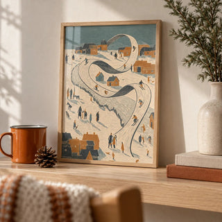 Snow Scene Wall Art, a small A4 framed print leaning on a pale oak shelf in a living room