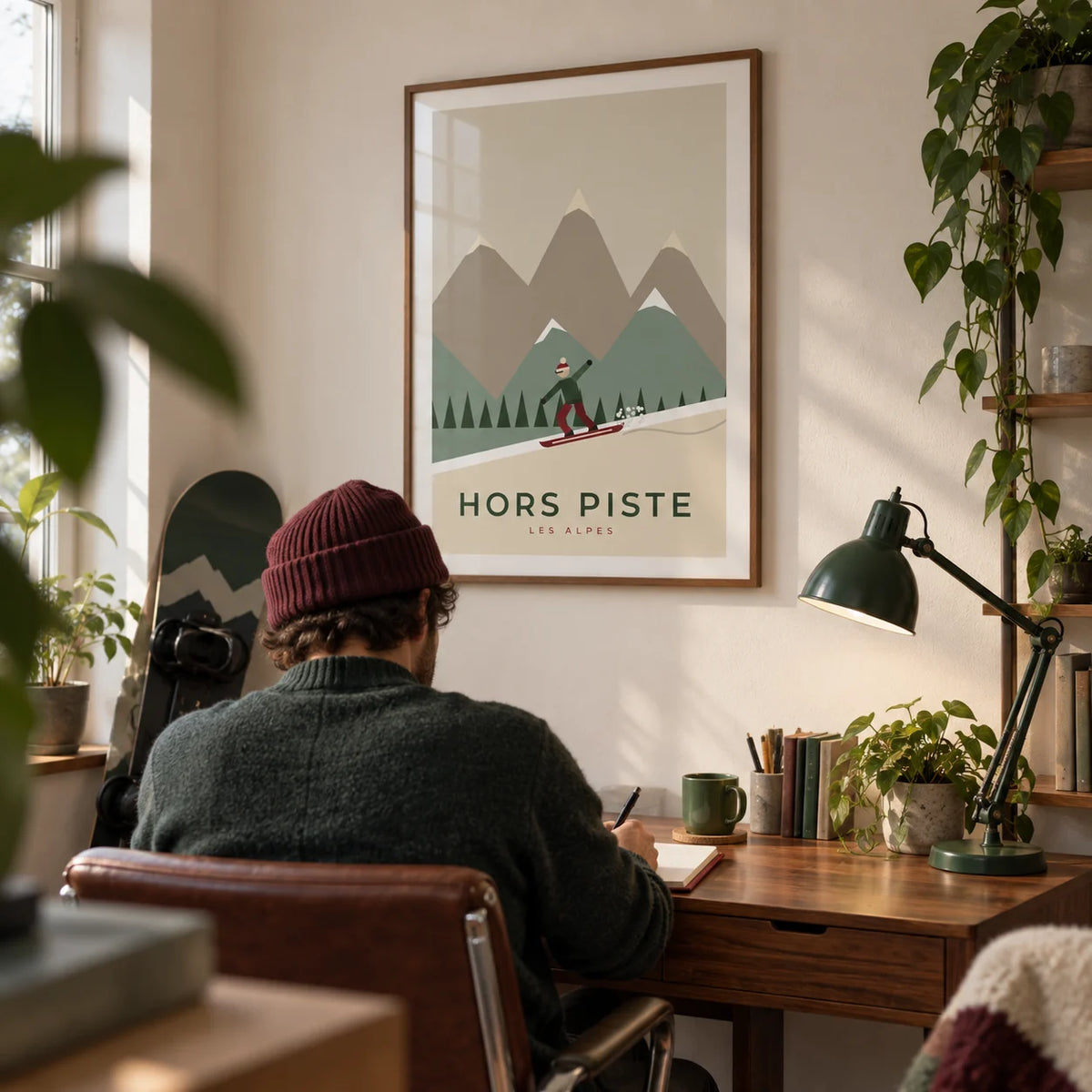 Snowboard Poster, framed on the wall of a compact home study for a snowboard enthusiast (28-40) in a UK terraced house