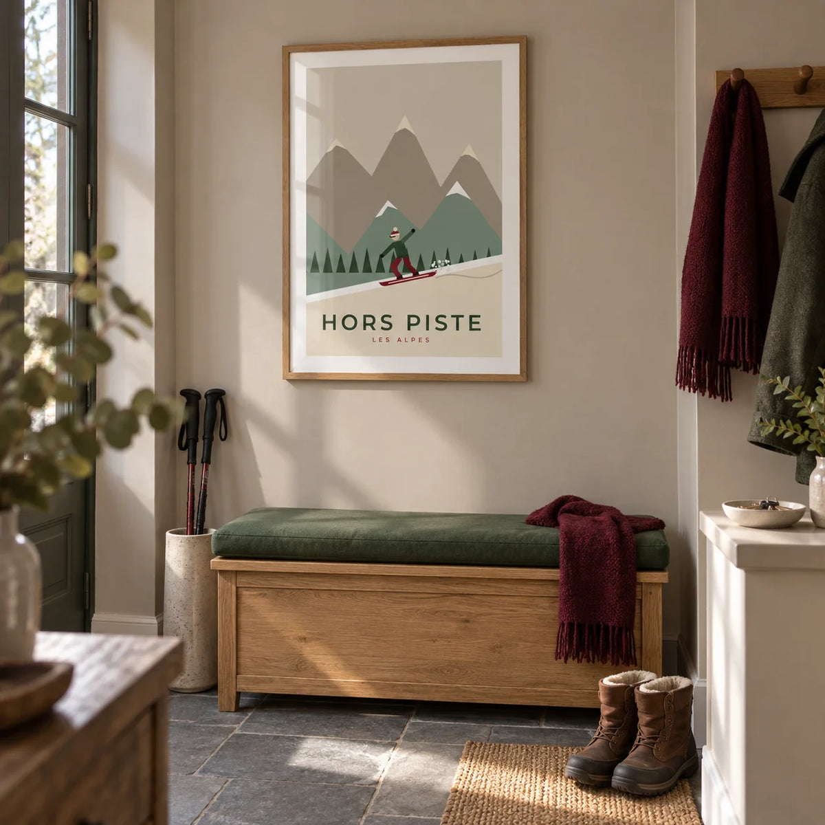 Snowboard Poster, framed on the wall of a practical entrance hallway in a UK home belonging to an Alpine holiday lover