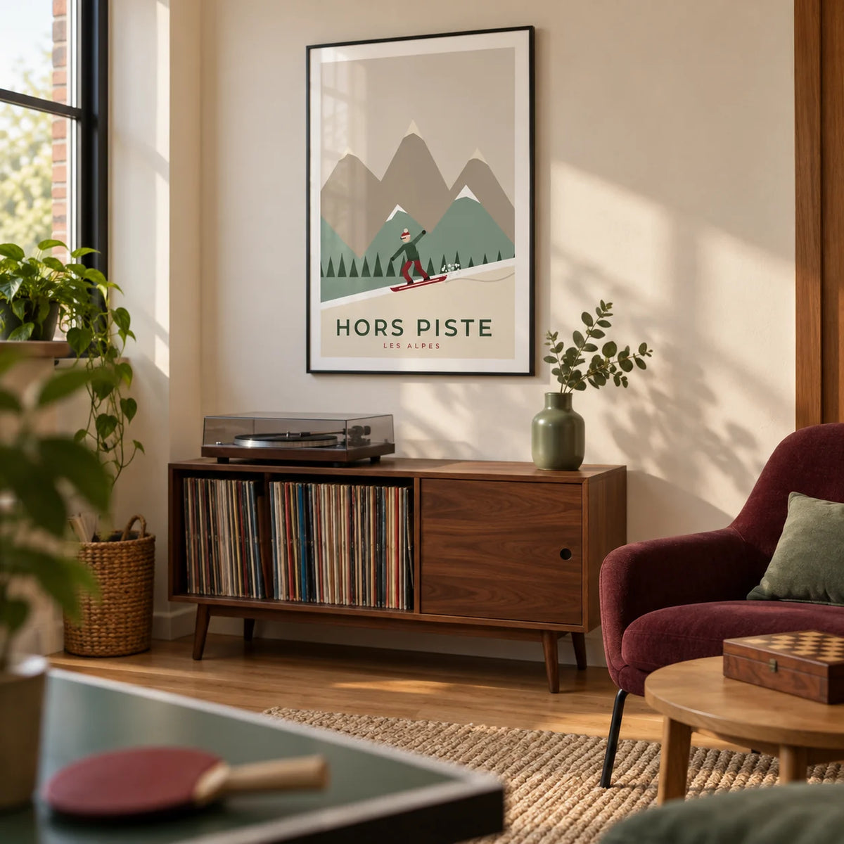 Snowboard Poster, framed on the wall of a relaxed games room in a UK young professional's home in a living room