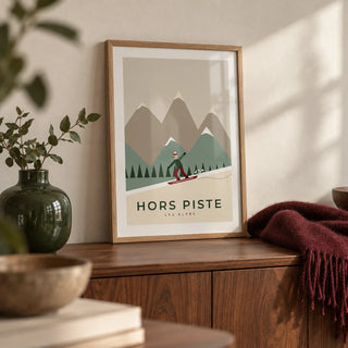 Snowboard Poster, a small A4 framed print leaning on a walnut sideboard in a living room