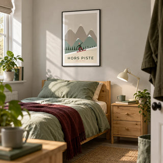 Snowboard Poster, framed on the wall of a tidy young adult's single bedroom (18-24) in a UK shared house