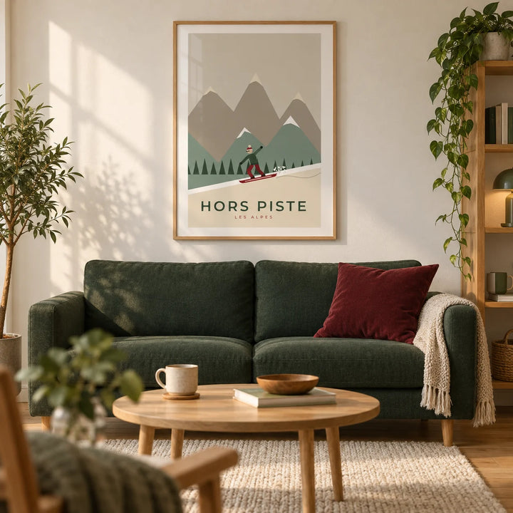 Snowboard Poster, framed on the wall of a warm modern living room in a UK first flat for a mountain-holiday enthusiast (25-35)