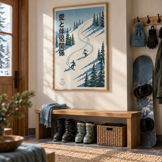 Snowboarding Wall Art, framed on the wall of a boot room hallway