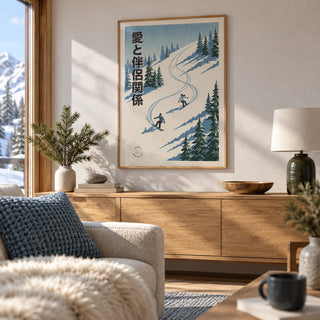Snowboarding Wall Art, framed on the wall of a modern Alpine-style living room