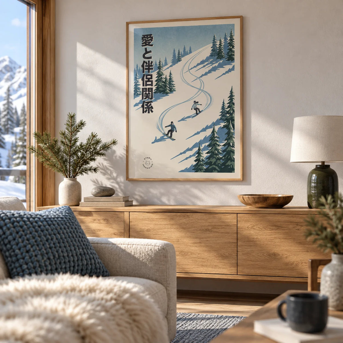Snowboarding Wall Art, framed on the wall of a modern Alpine-style living room