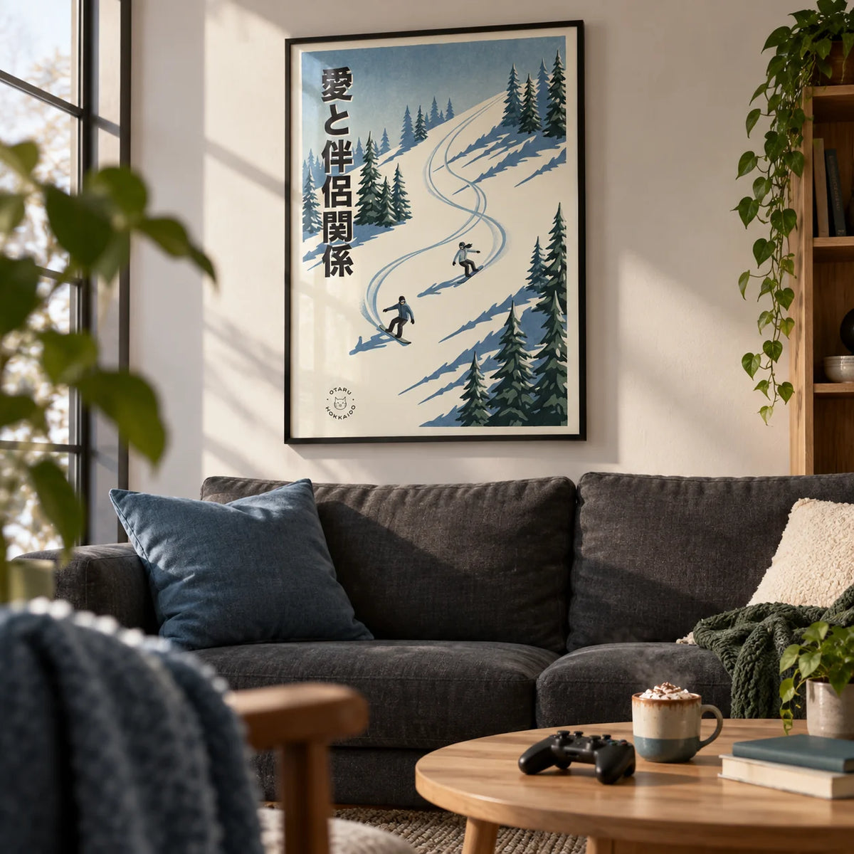 Snowboarding Wall Art, framed on the wall of a relaxed games room in a living room