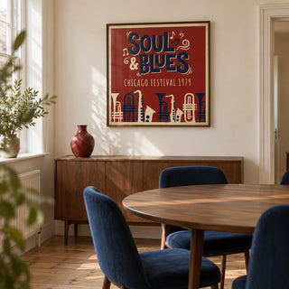 Soul Blues Festival Art, framed on the wall of a compact modern dining room in a UK terrace with pale cream walls and a plain timber floor