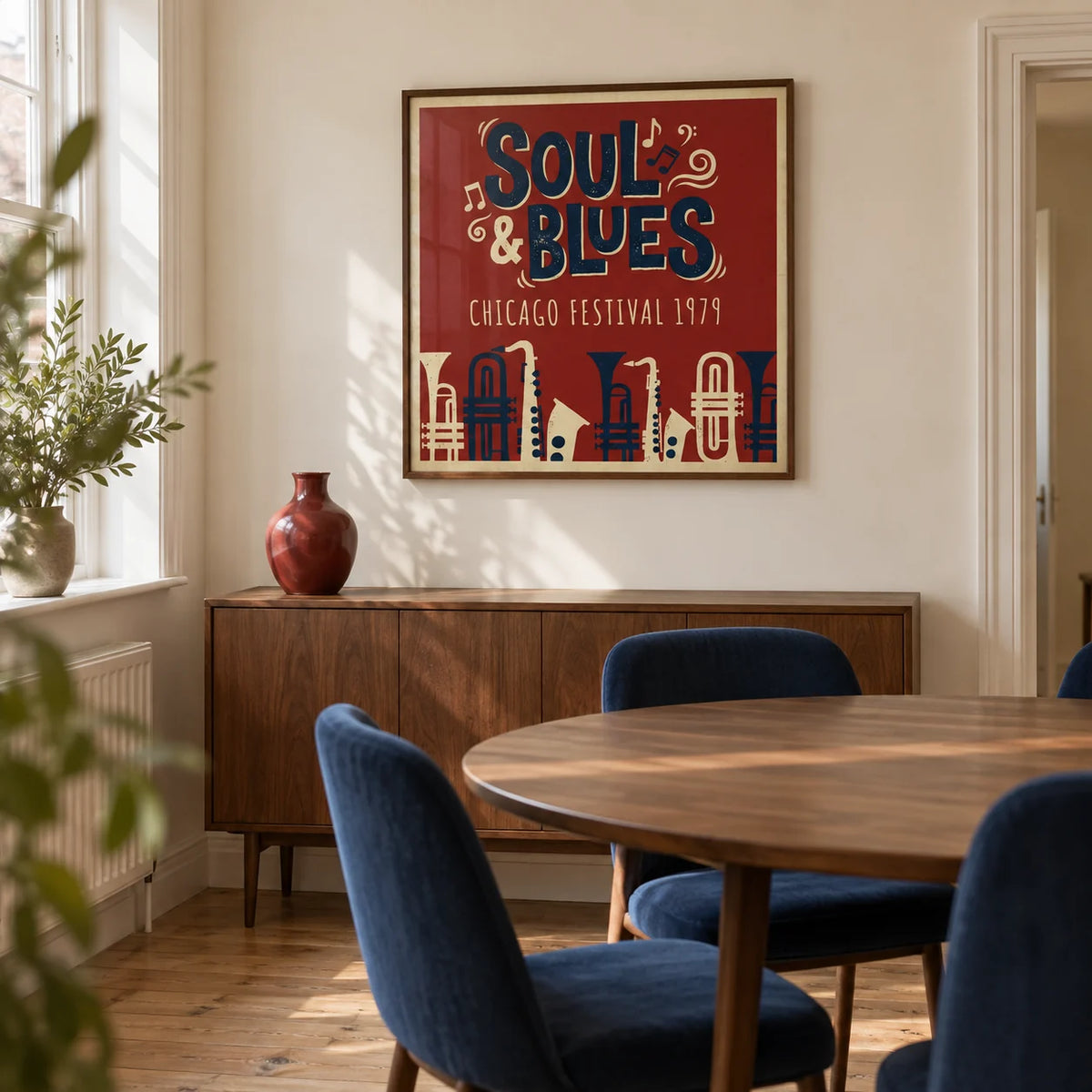 Soul Blues Festival Art, framed on the wall of a compact modern dining room in a UK terrace with pale cream walls and a plain timber floor