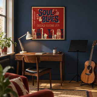 Soul Blues Festival Art, framed on the wall of a home music study in a design-conscious UK flat with a muted navy wall and warm wood flooring