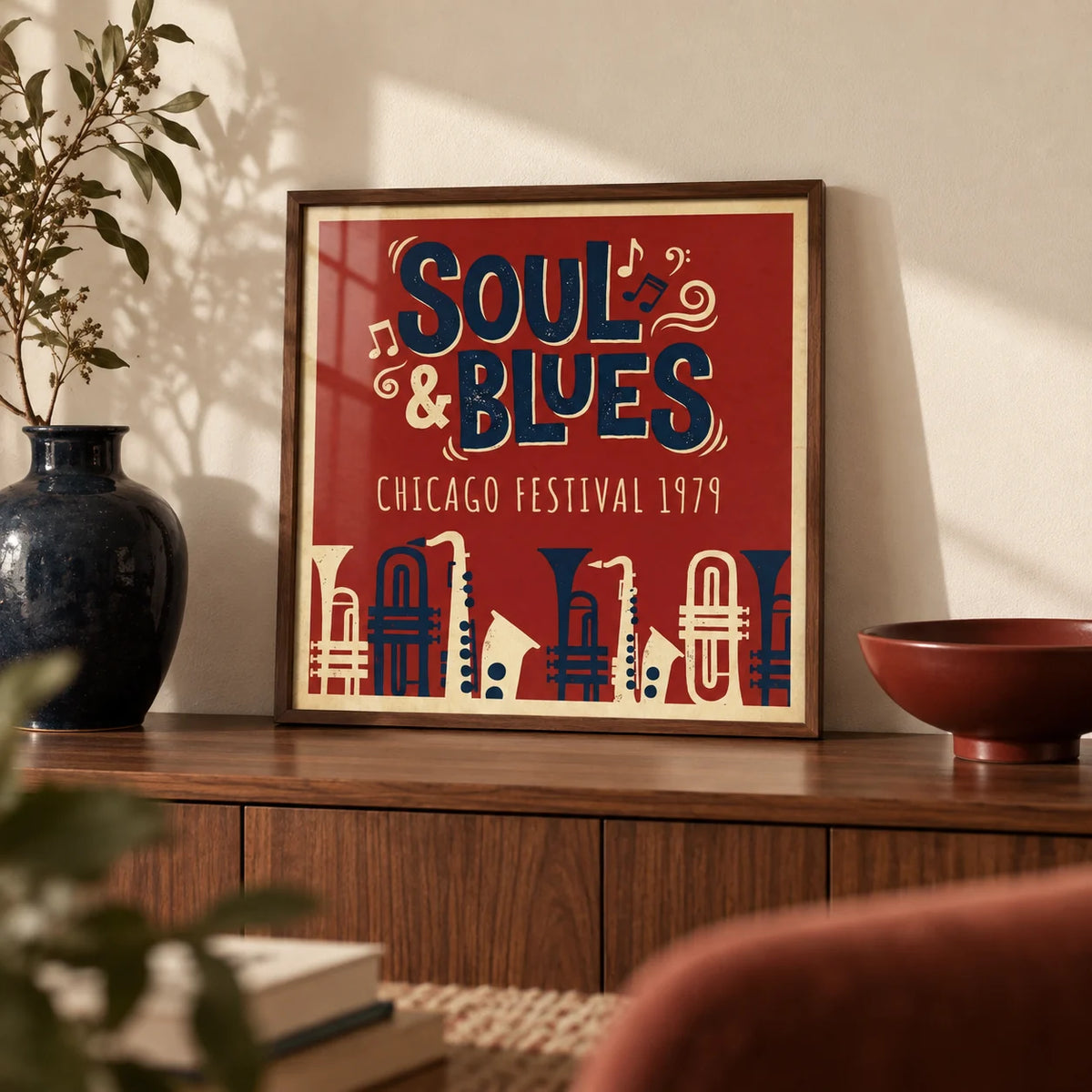 Soul Blues Festival Art, a small A4 framed print leaning on a walnut side table in a hallway