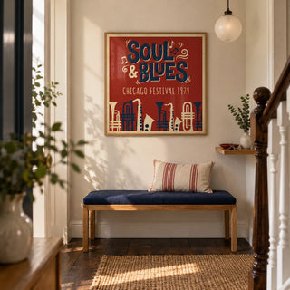 Soul Blues Festival Art, framed on the wall of a welcoming hallway in a renovated British terrace with cream plaster walls and dark timber floorboards