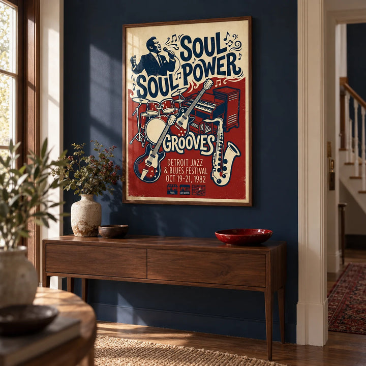 Soul Music Art, framed on the wall of a characterful hallway with a navy wall