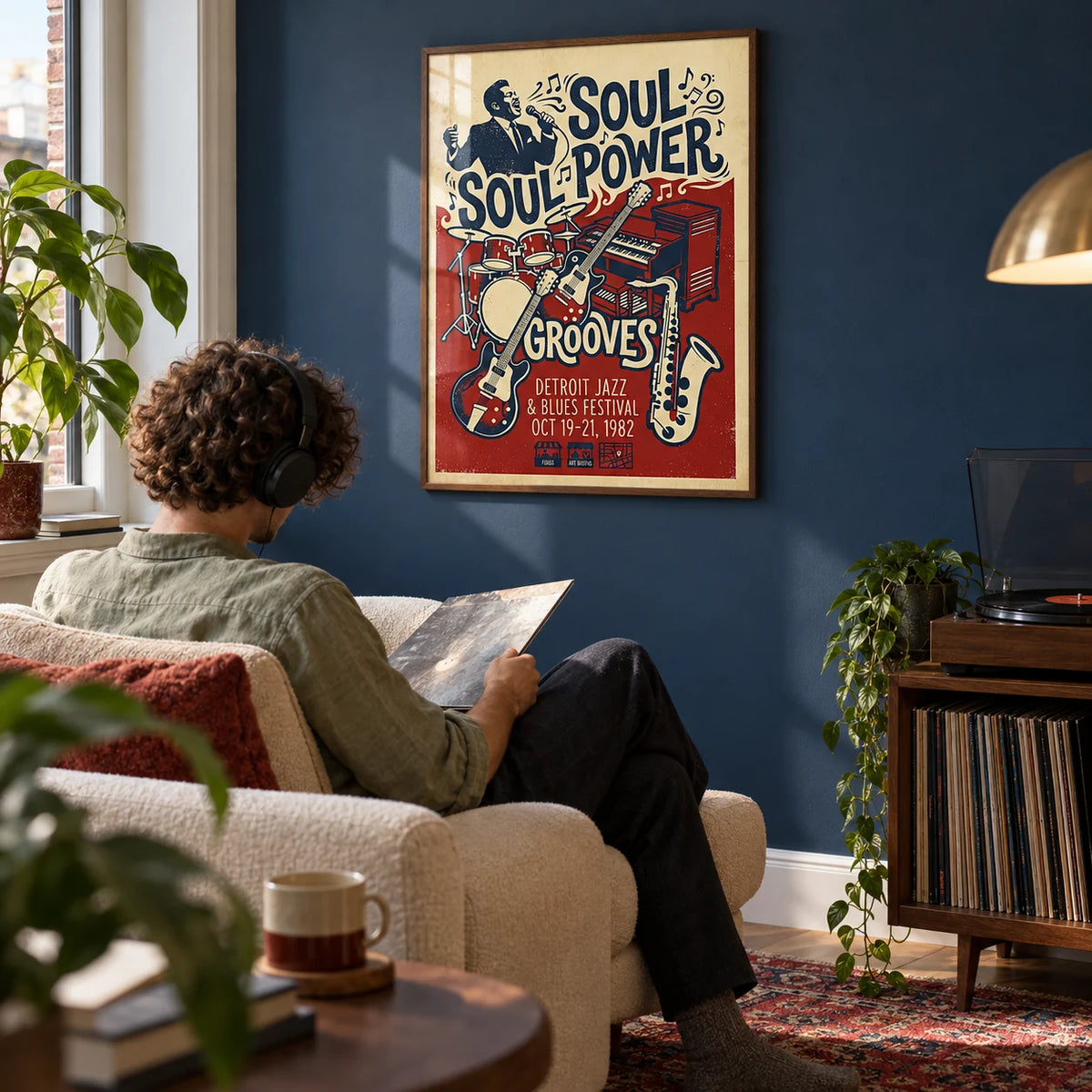 Soul Music Art, framed on the wall of a music corner in a terraced house with a navy painted wall in a living room