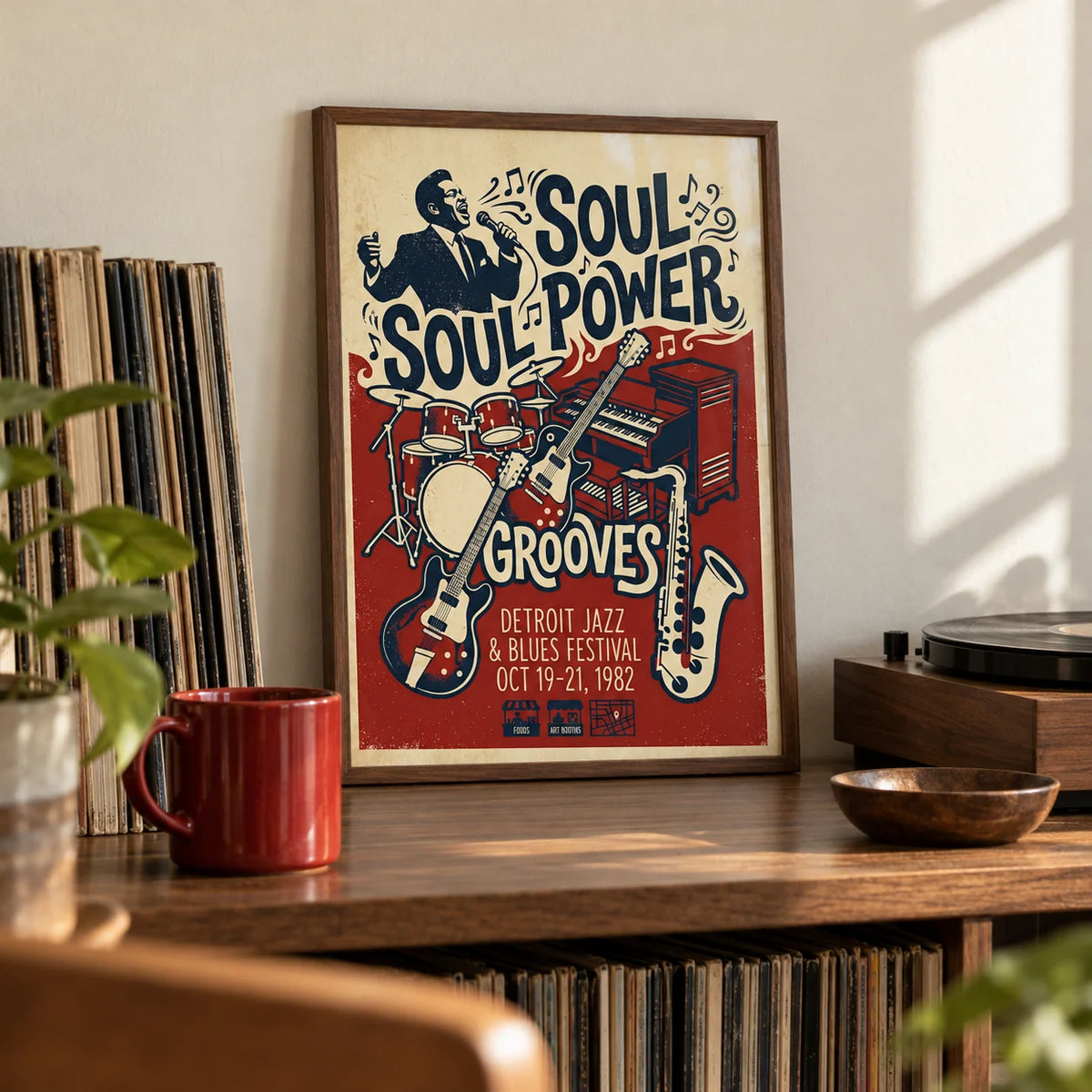 Soul Music Art, a small A4 framed print leaning on a walnut shelf in a living room