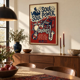 Soul Music Art, framed on the wall of a warm dining room with a cream wall