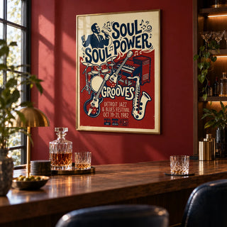 Soul Music Art, framed on the wall of a warm home bar with a deep red painted wall in a living room