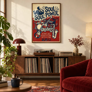 Soul Music Art, framed on the wall of a warm living room with a cream wall and dark oak floor