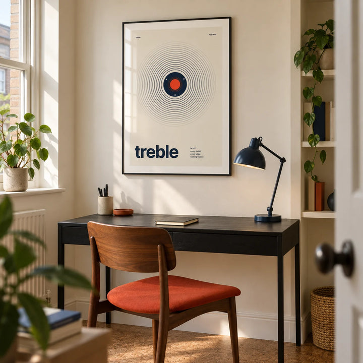 Sound Wave Poster, framed on the wall of a compact modern home study in a UK terraced house with a cream wall and cork flooring